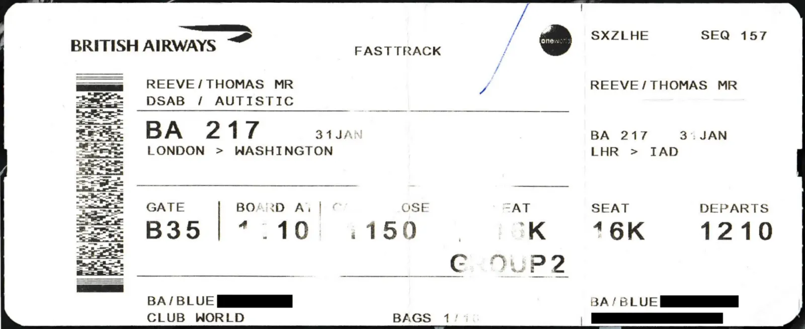 A printed airline boarding pass showing flight and seat details
